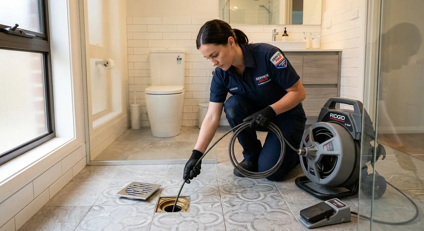 Technician clearing a bathroom floor drain for Sewer Line Installation in Clinton